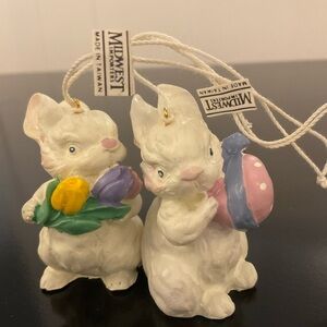 Vintage Carved & Hand-Painted Wooden Easter Bunny Ornaments Tulips & Easter Egg
